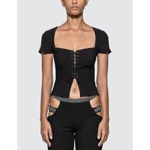 I. Am. Gia Womens Size Small Evita Top Black Lace Up Square Neck Cap Sleeves